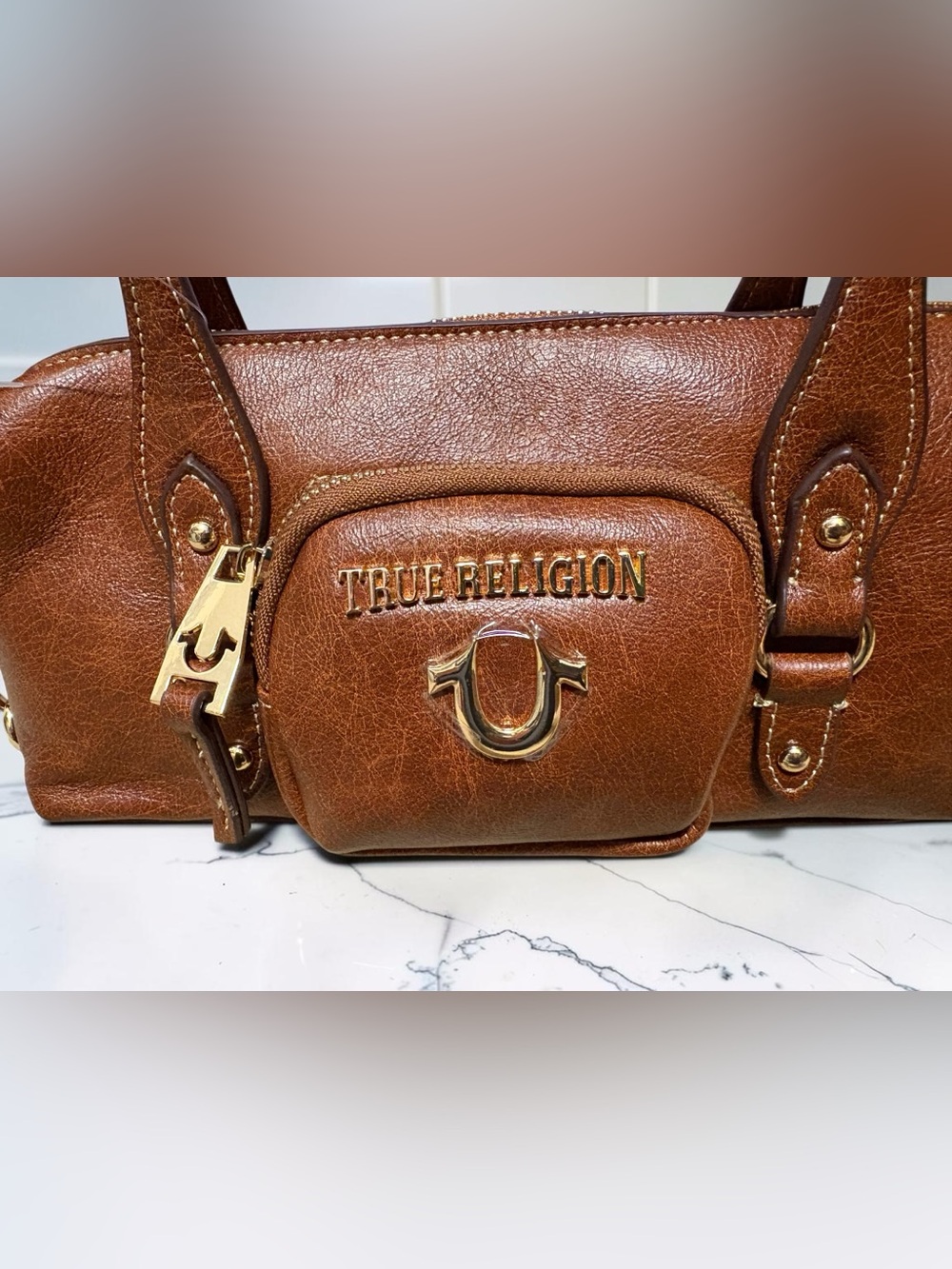 NWT True Religion Brown Shoulder Handbag with Gold Hardware and Logo Lining - Picture 2 of 8